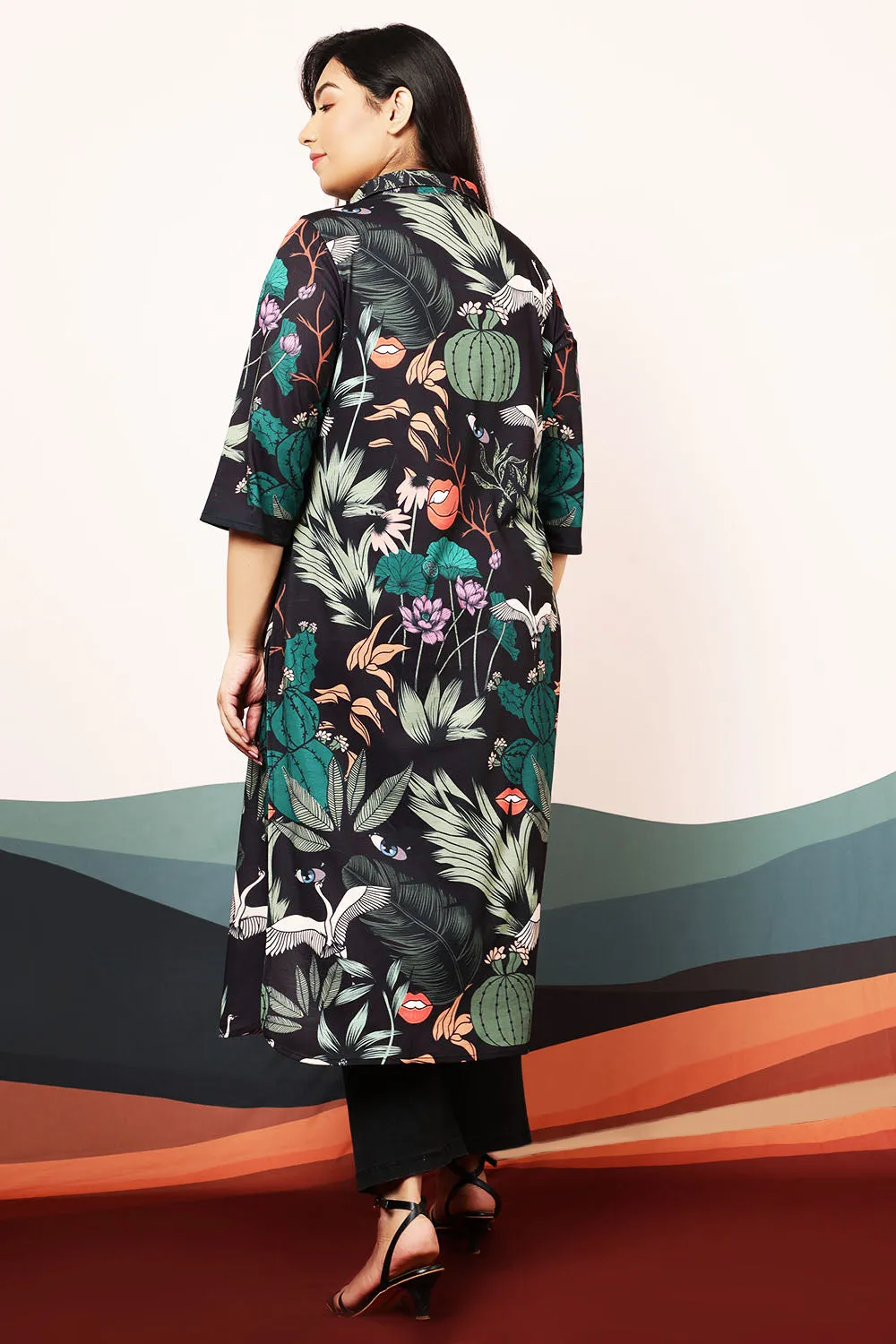 Quirky Wildlife Black Kurta cum Shrug