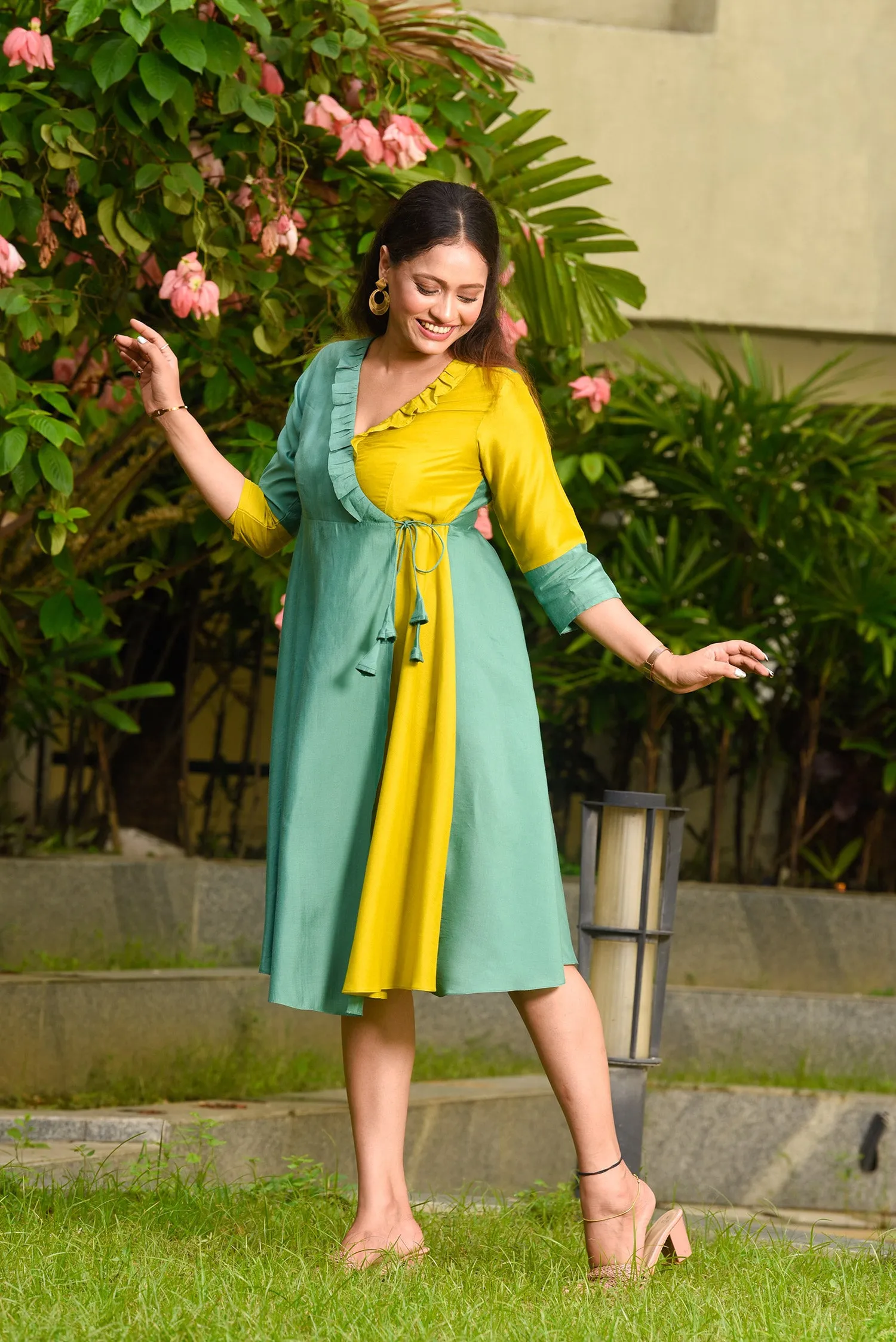 Sage - Lime Half and Half Flared Dress