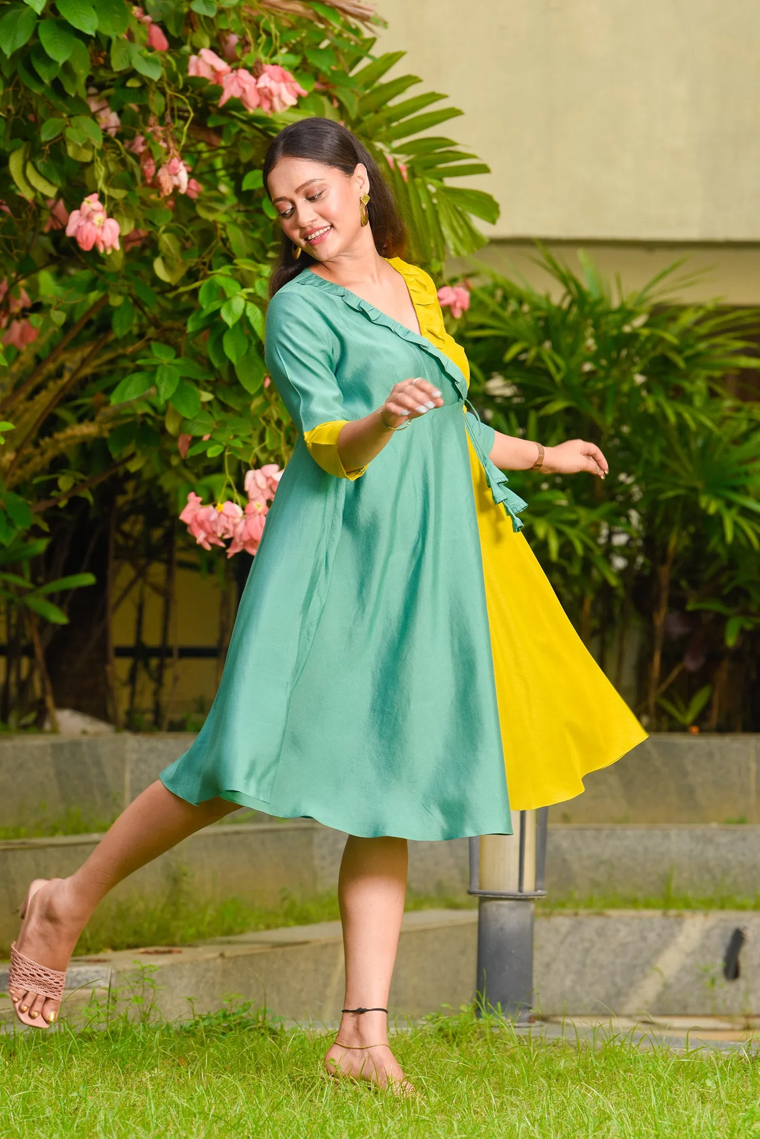 Sage - Lime Half and Half Flared Dress