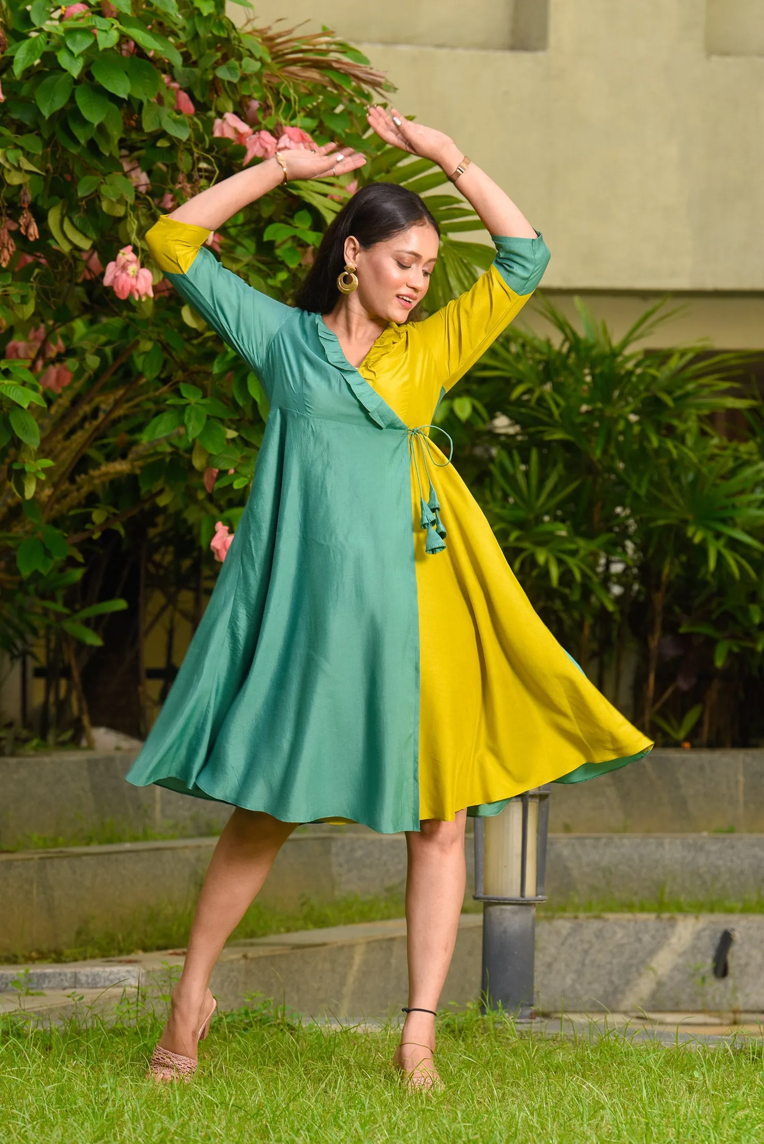 Sage - Lime Half and Half Flared Dress