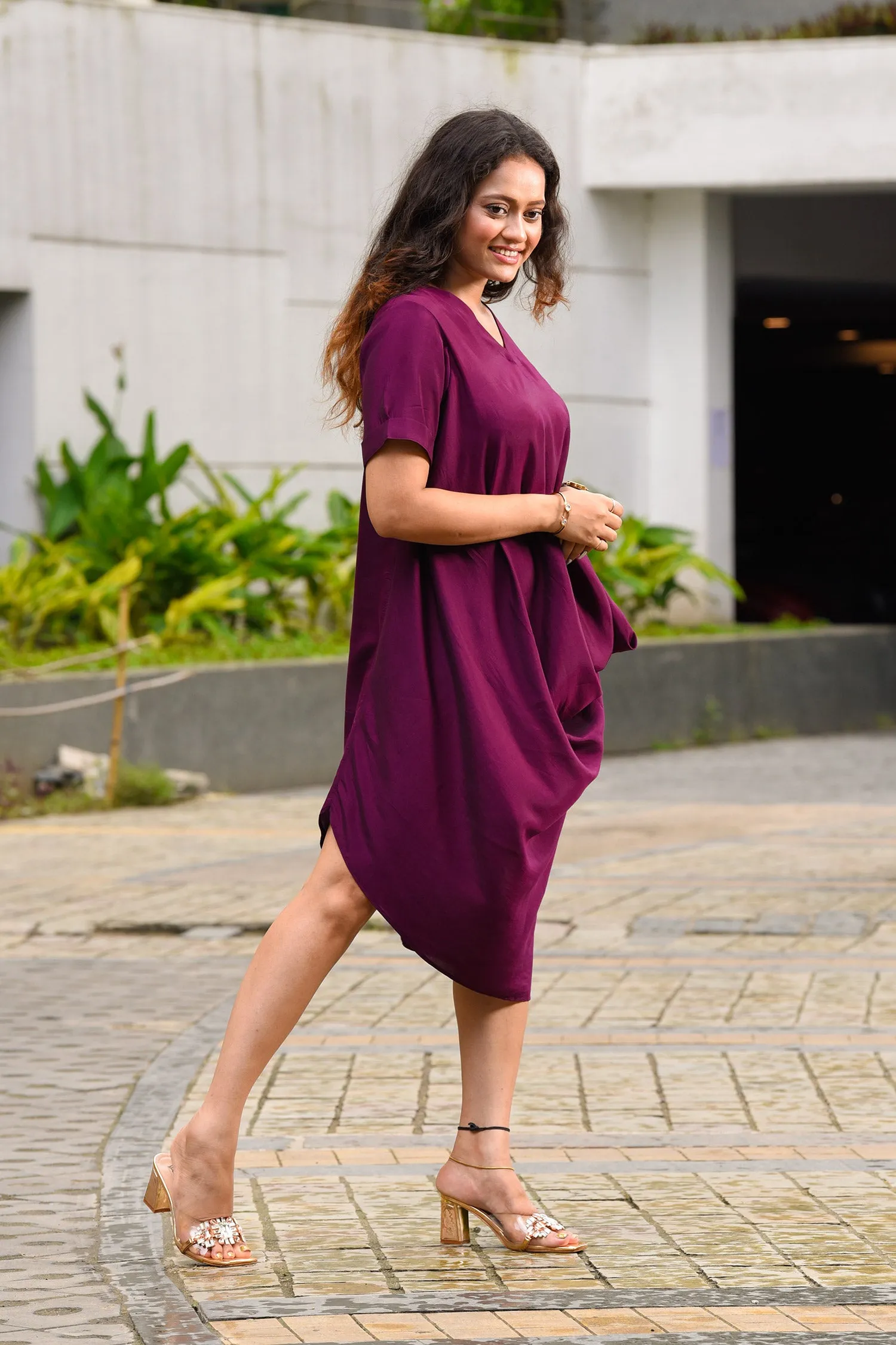Wine Daped Cowl Dress