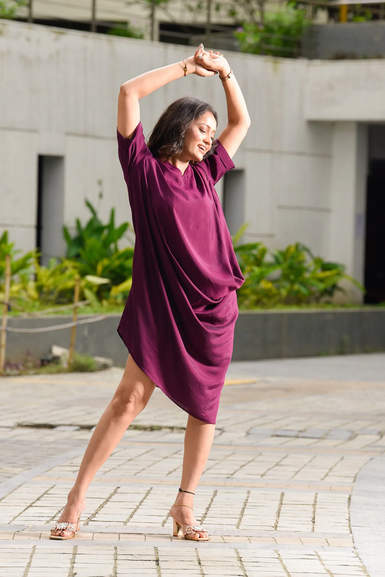 Wine Daped Cowl Dress