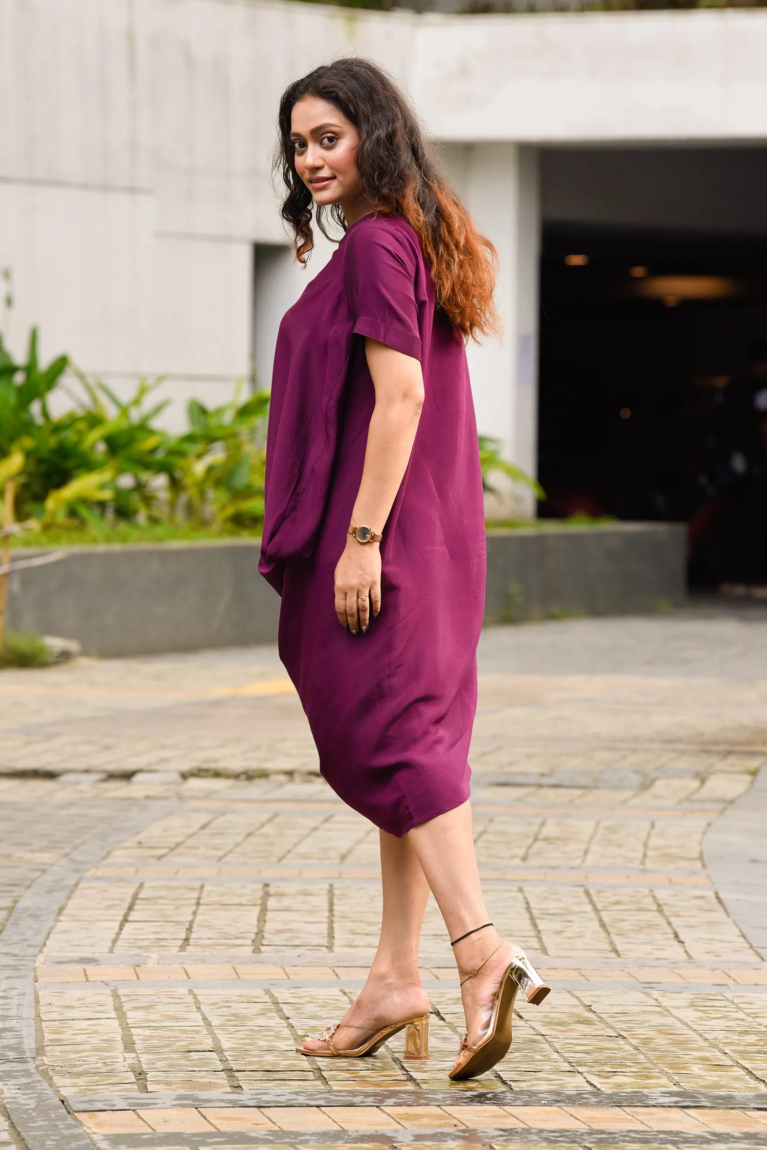 Wine Daped Cowl Dress