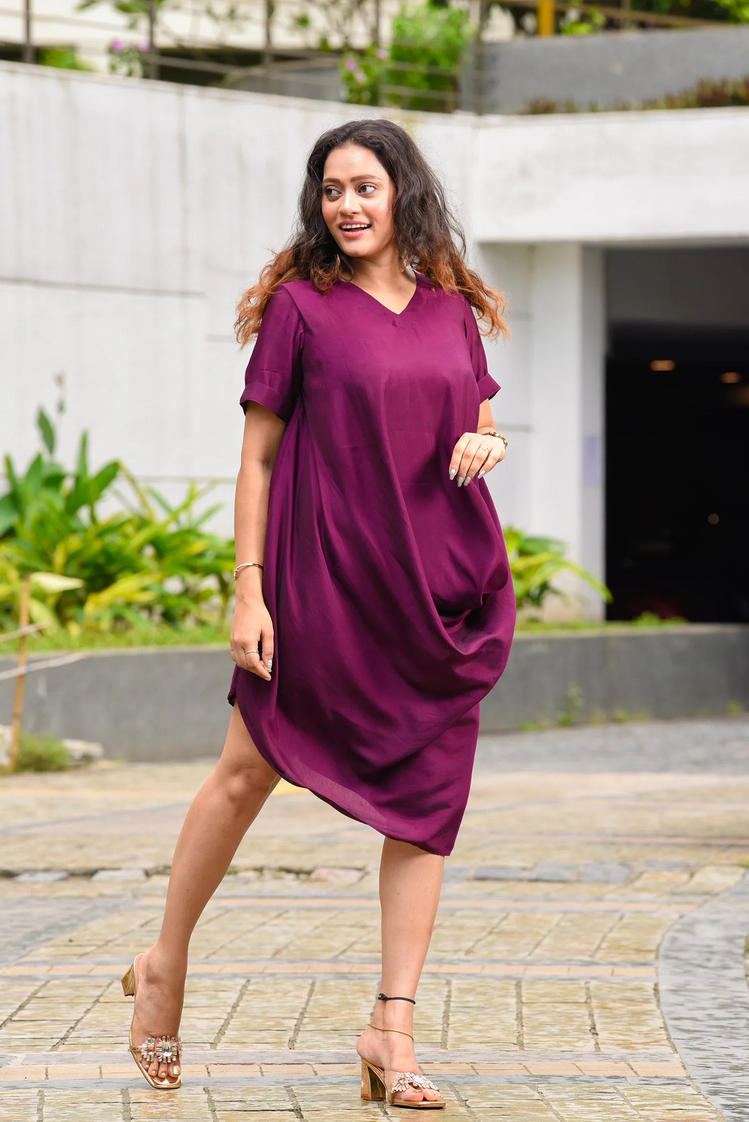 Wine Daped Cowl Dress