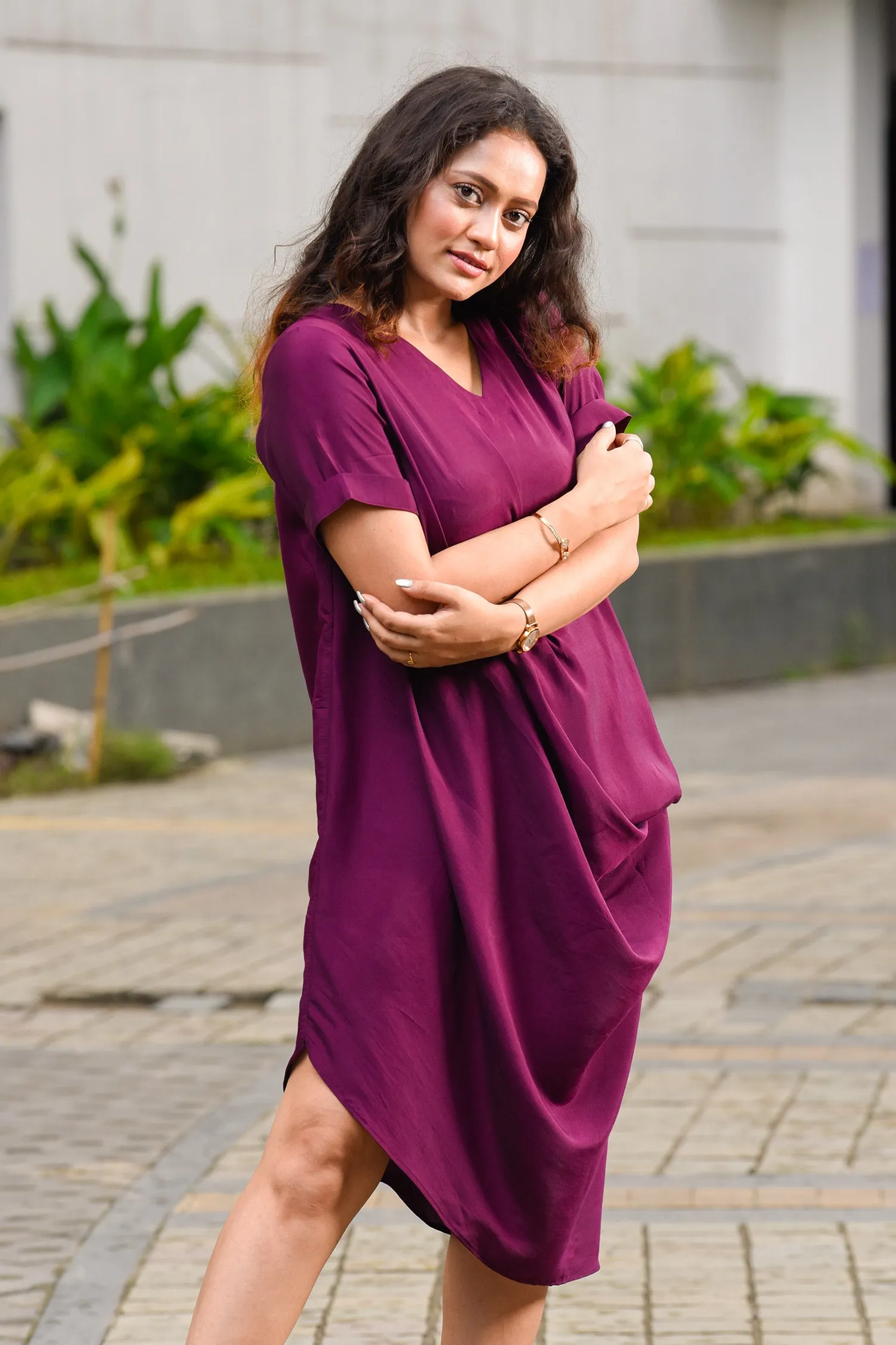 Wine Daped Cowl Dress
