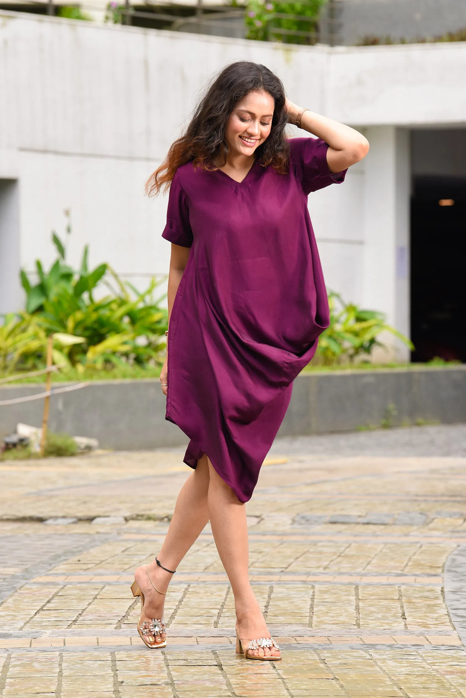 Wine Daped Cowl Dress