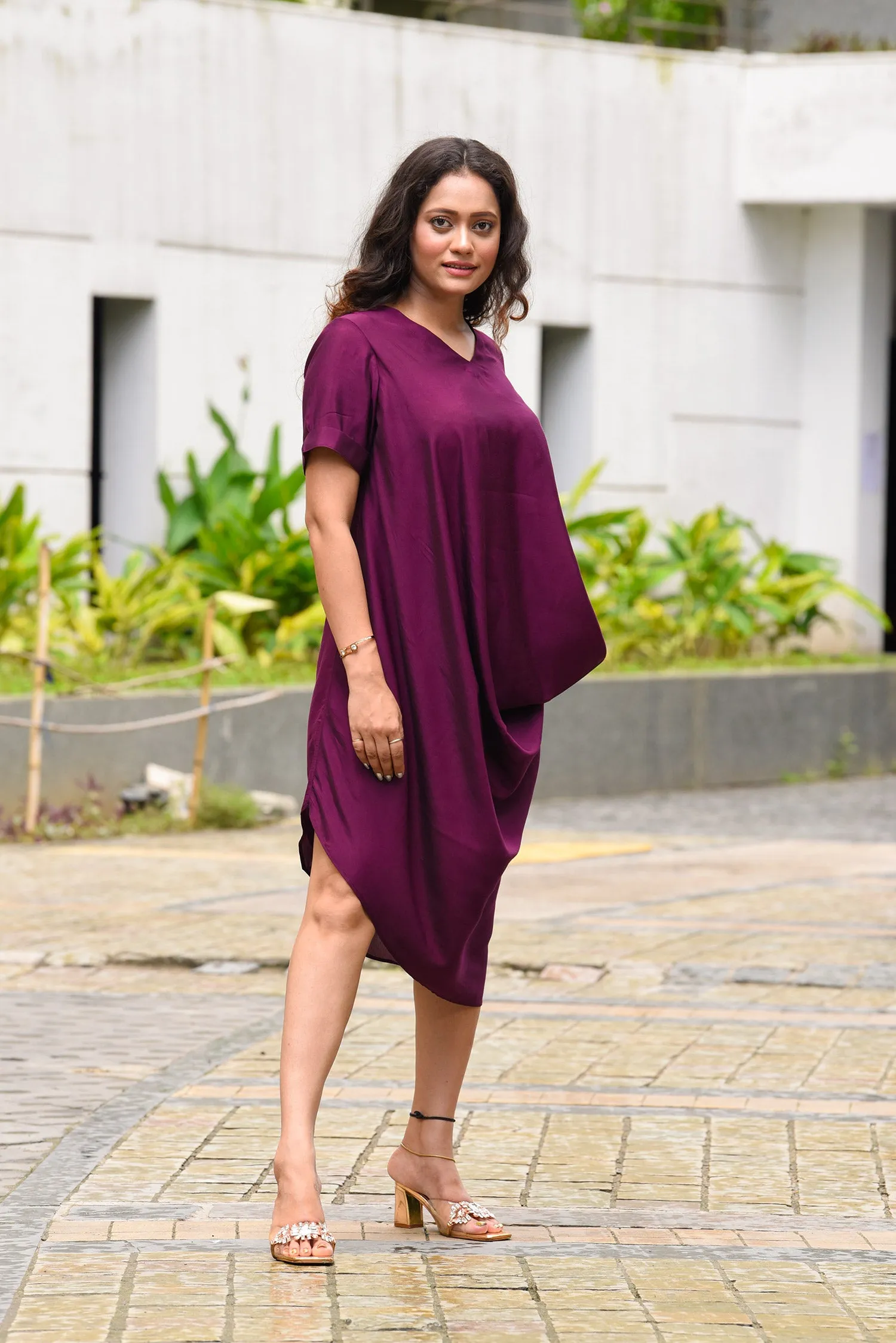 Wine Daped Cowl Dress